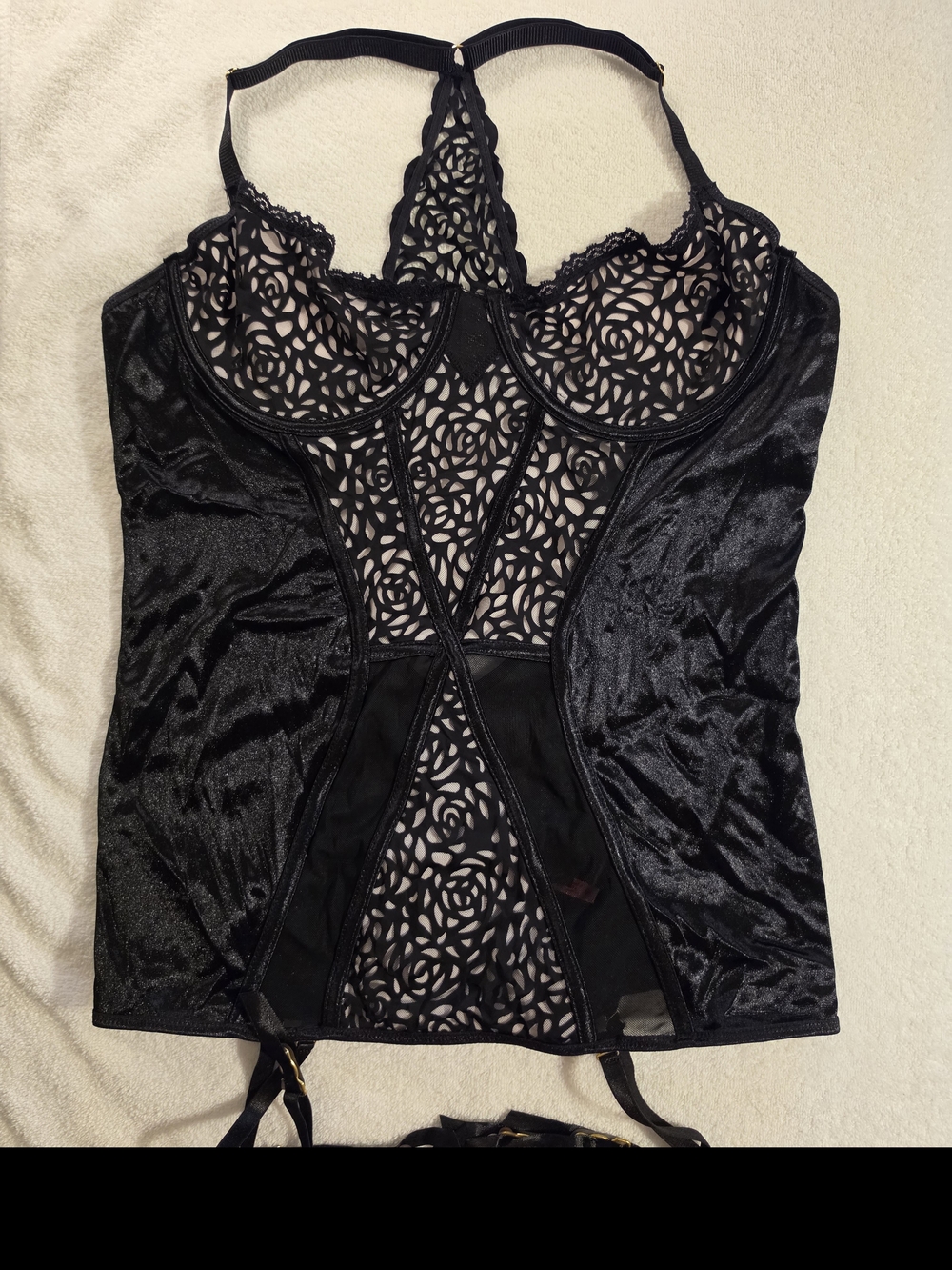 Elegant Black Lace Cutout Corset Top with Garter Straps